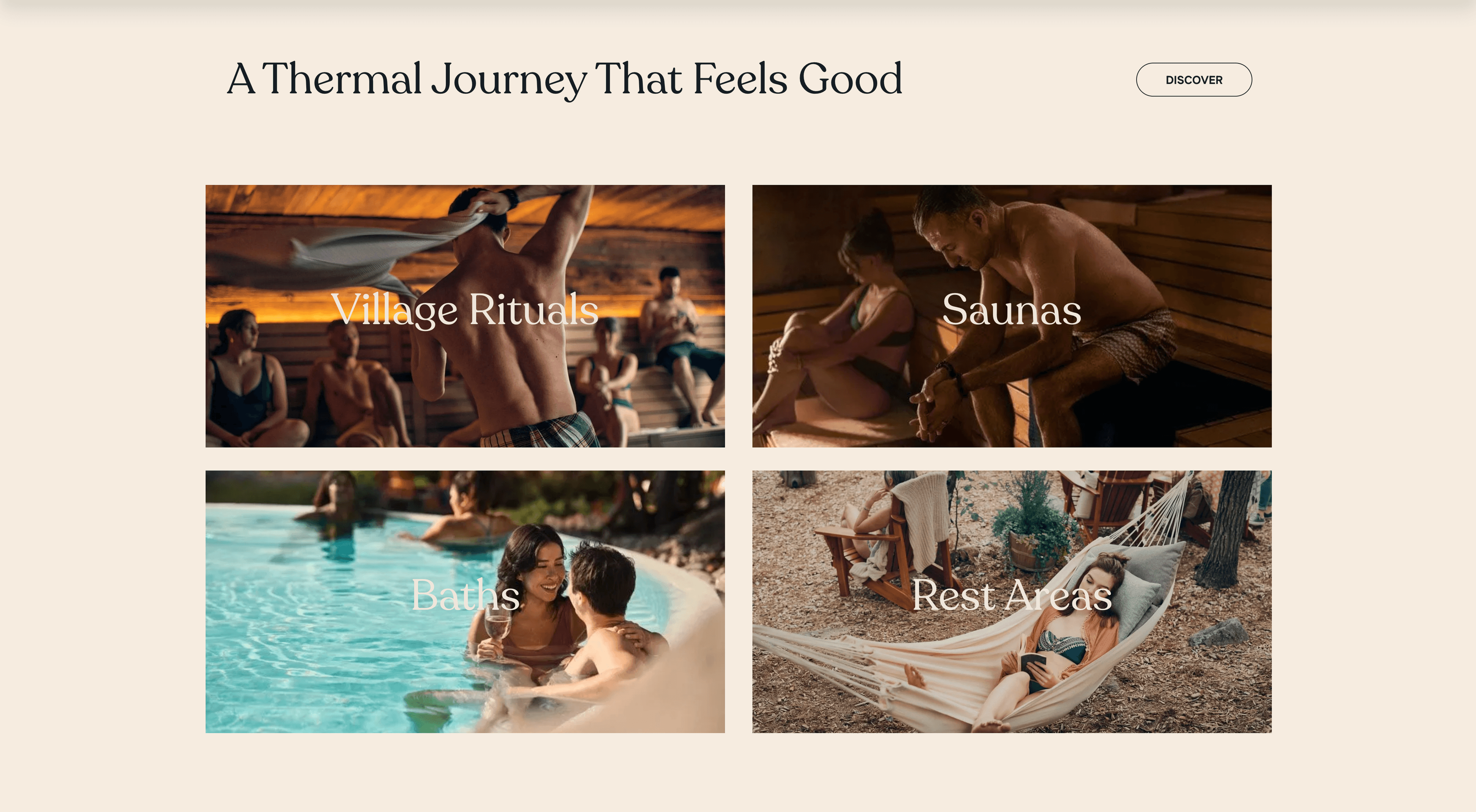 Thermea experience grid — Village Rituals, Saunas, Baths, Rest Areas photo grid