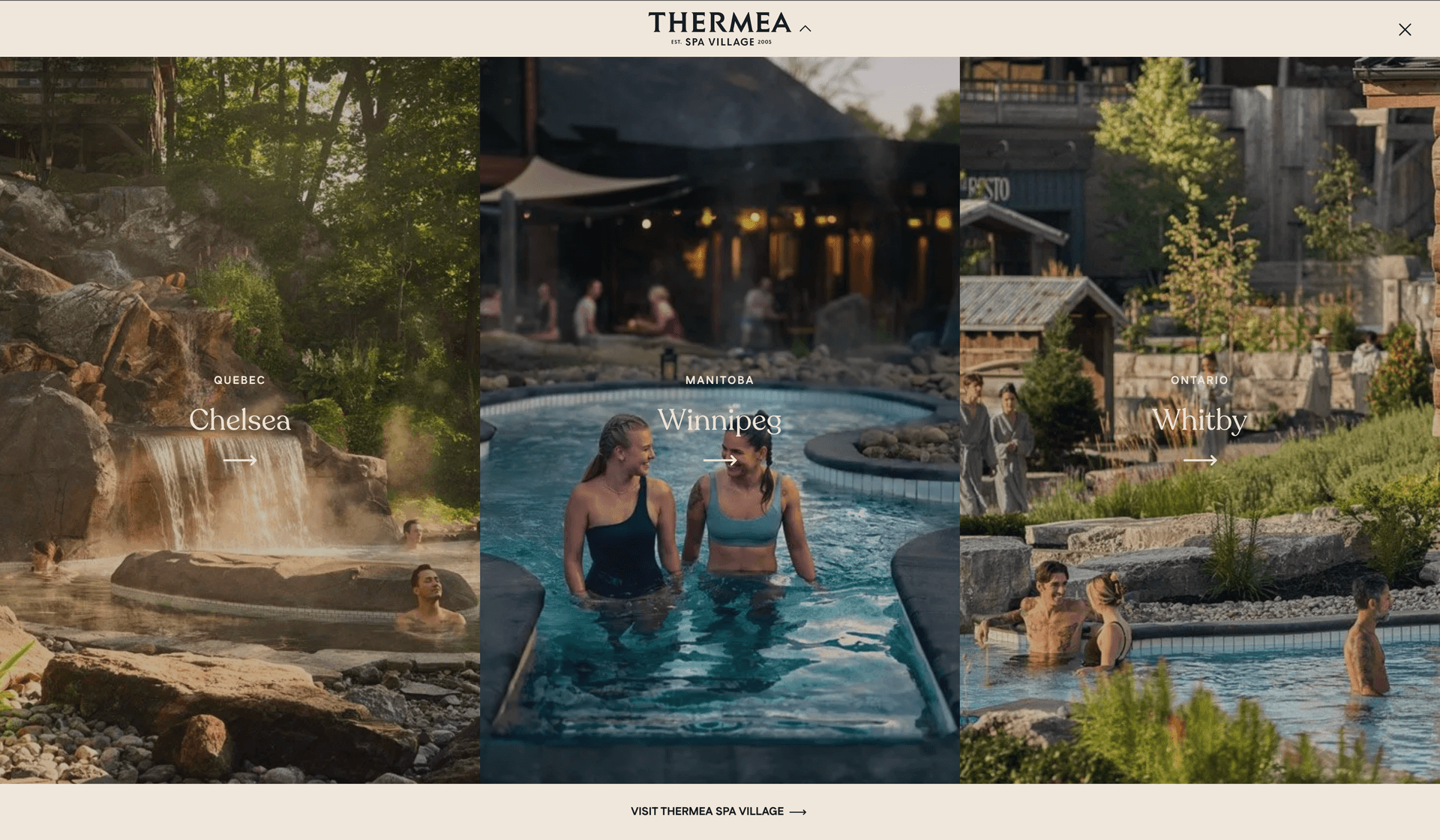 Thermea location picker — Chelsea, Winnipeg, Whitby three-panel full-screen selector