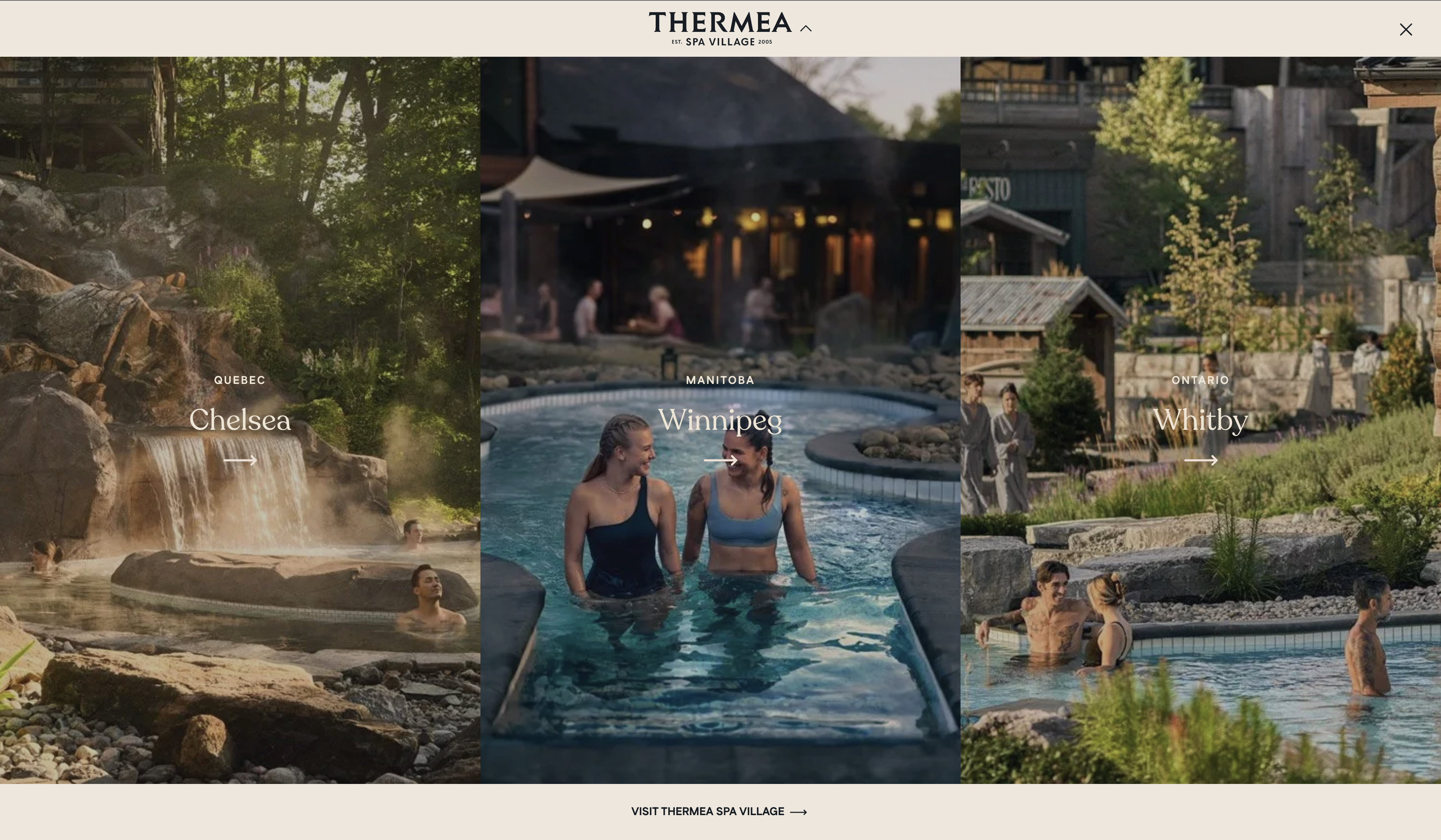 Thermea location picker — Chelsea, Winnipeg, Whitby three-panel full-screen selector