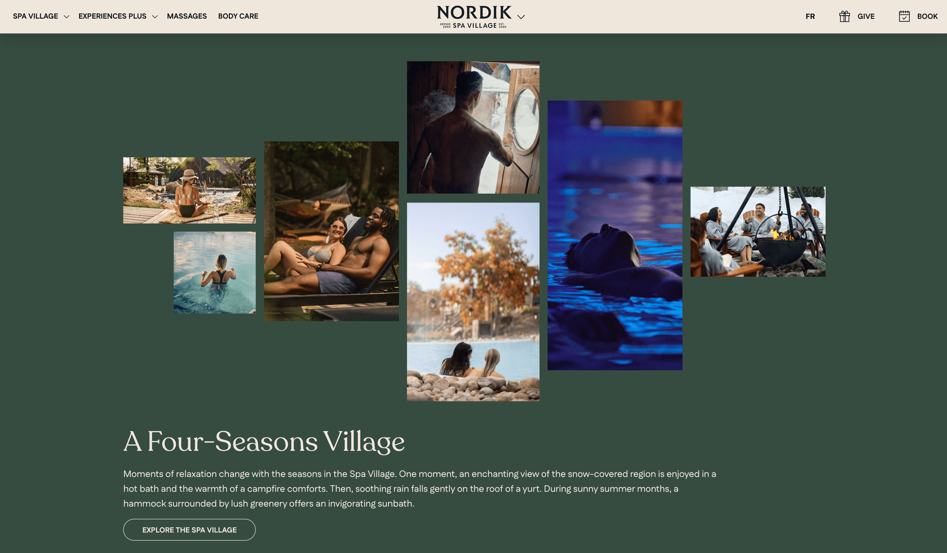 Thermea four-seasons village section — dark green with seasonal photo collage