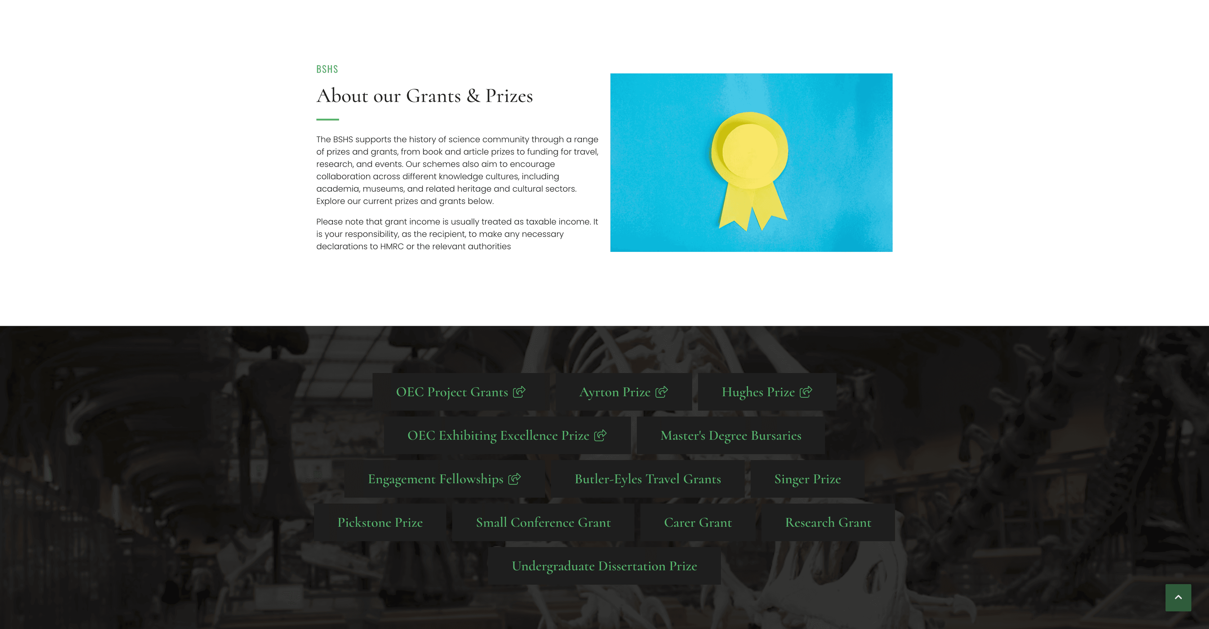 BSHS Grants & Prizes page — structured catalogue of 13 grant and prize schemes