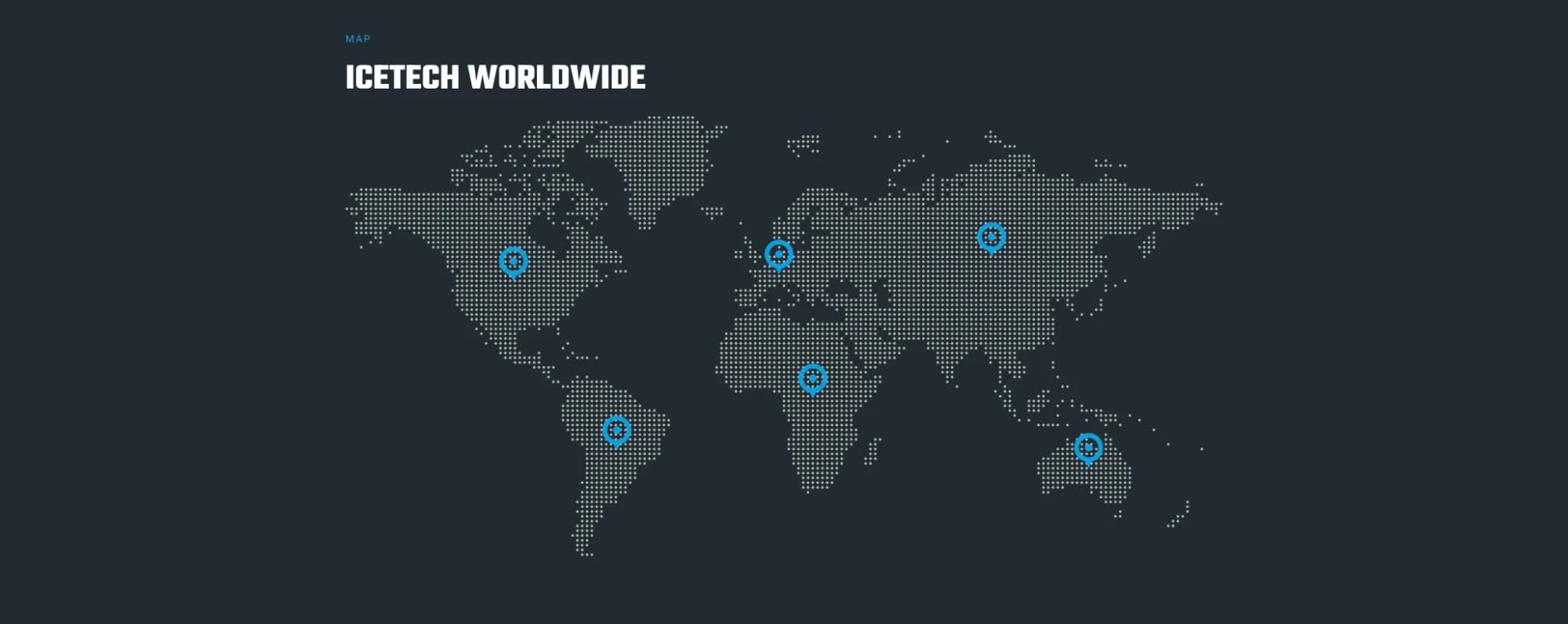 Icetech Worldwide — dot-matrix dealer map with location pins across six continents