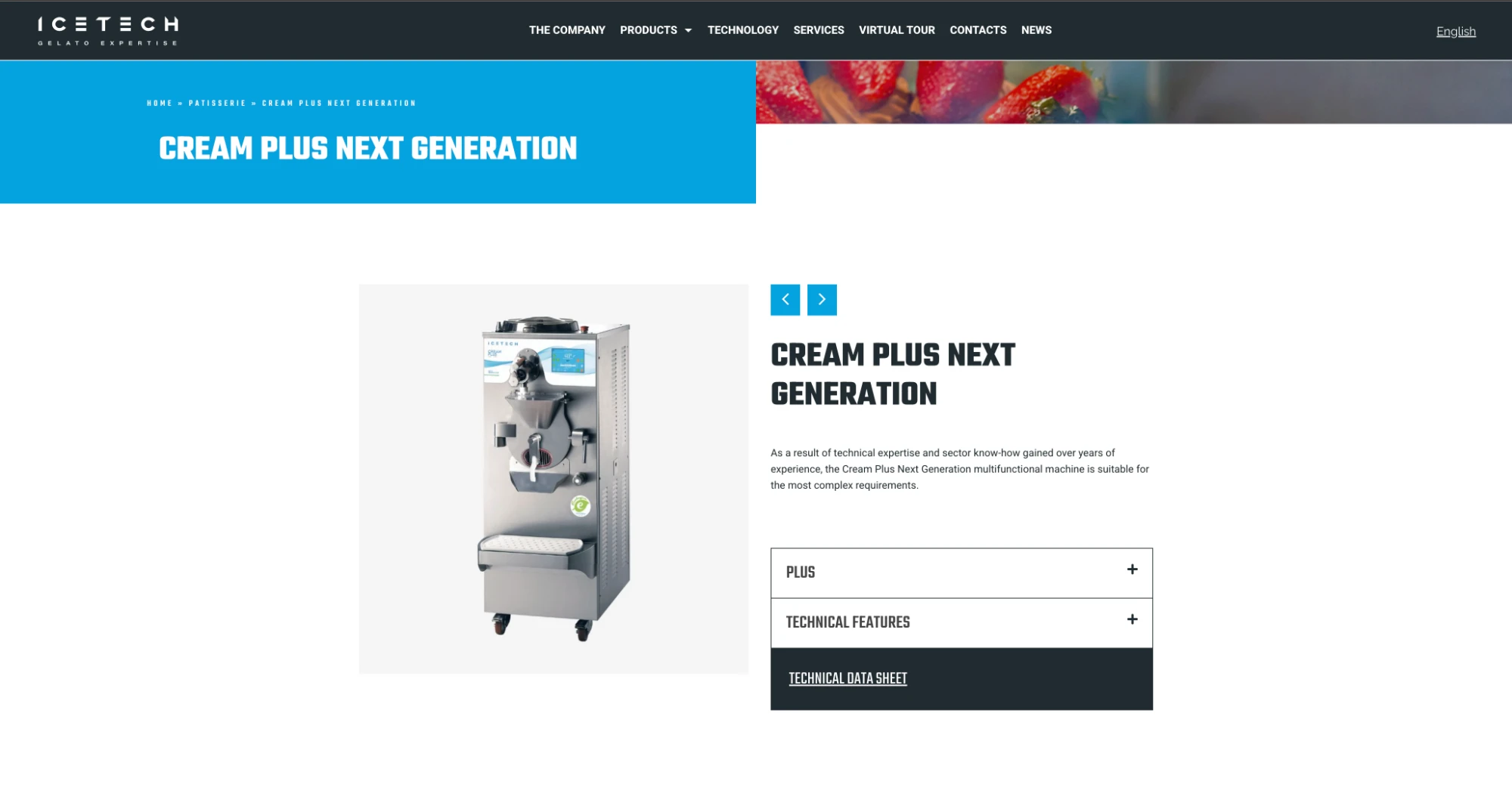 Icetech product detail page — Cream Plus Next Generation with spec accordions and data sheet download
