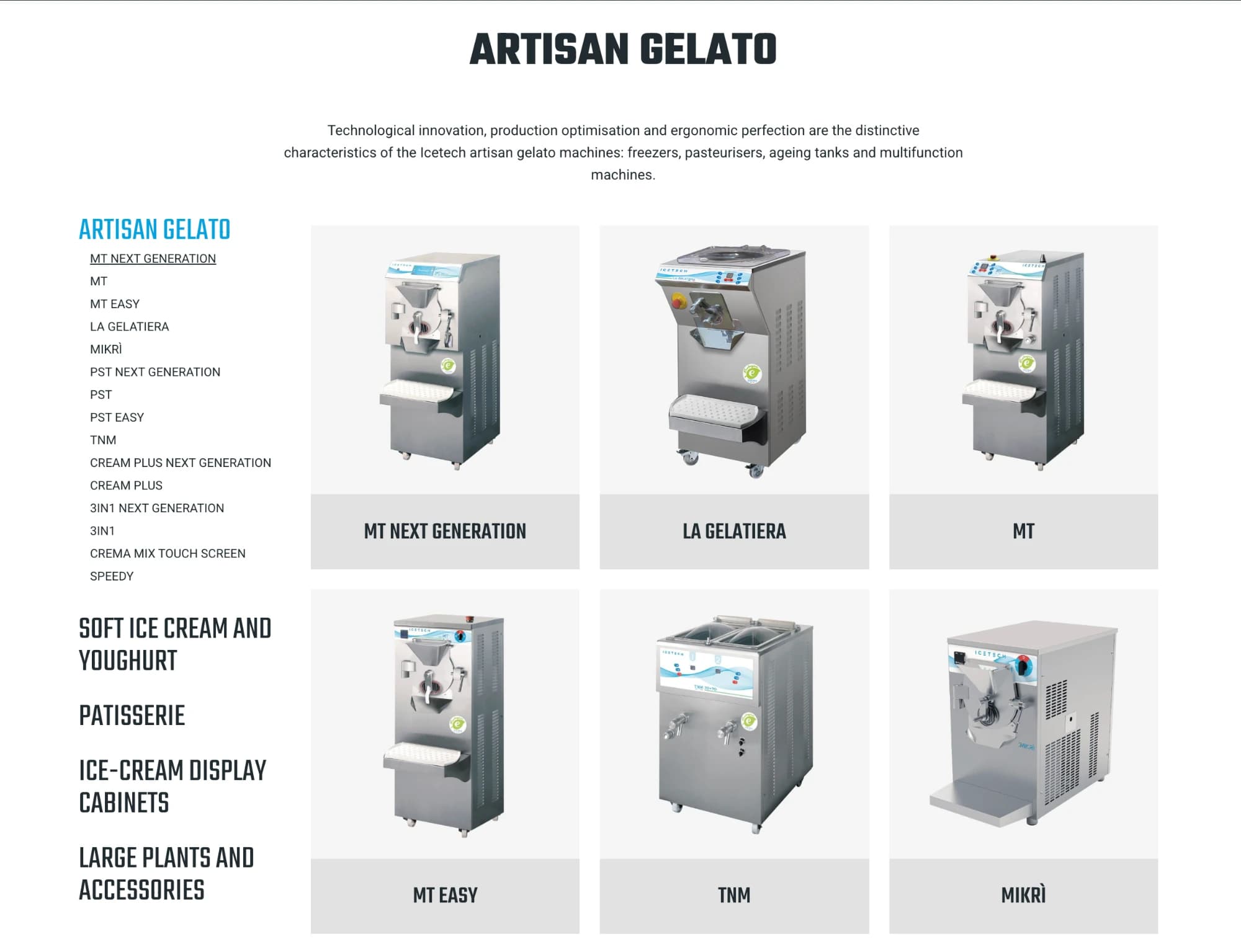 Icetech product catalog — Artisan Gelato sidebar navigation and 3-column product grid
