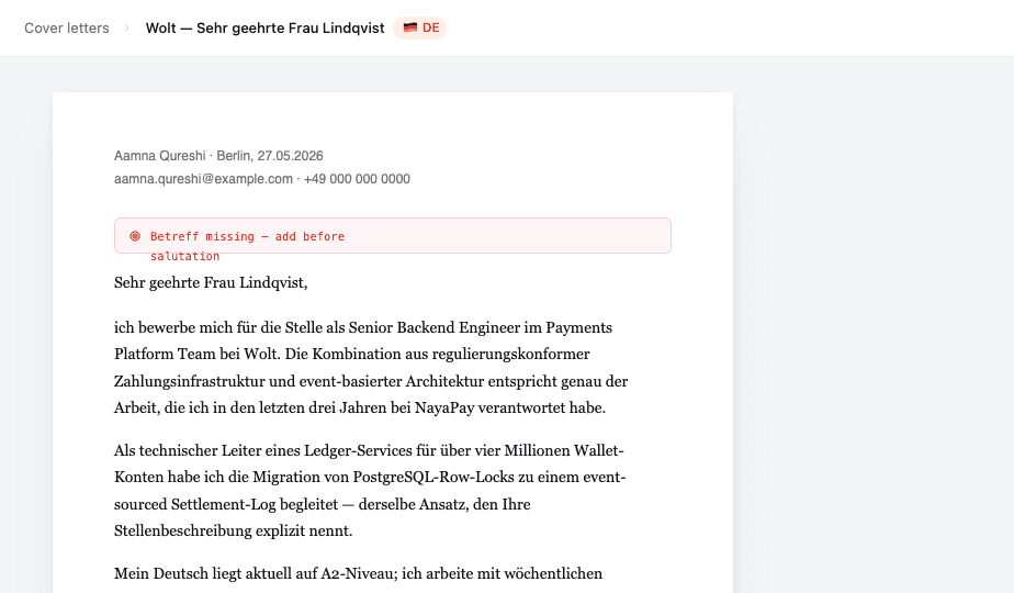 Klarhunar Anschreiben scorer — DIN 5008 compliance checker with error flags