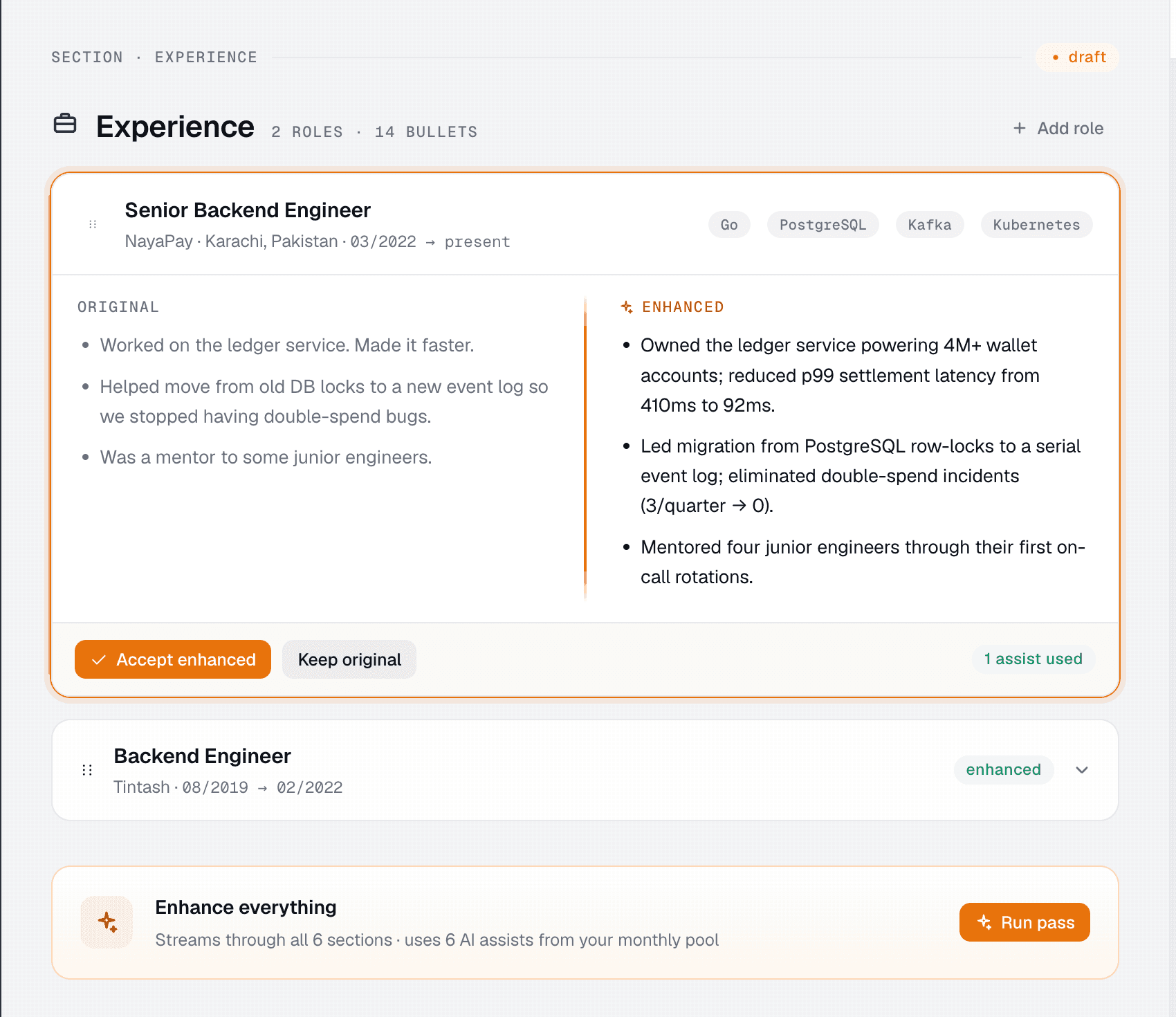 Klarhunar editor — Experience section with original vs. enhanced bullet points side-by-side, accept/revert state