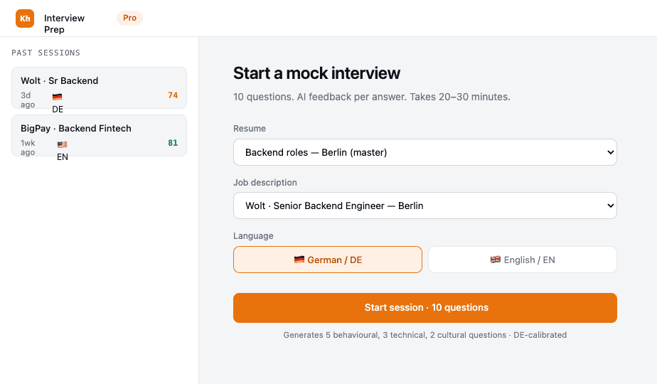 Klarhunar interview prep simulator — mock Vorstellungsgespräch with AI feedback