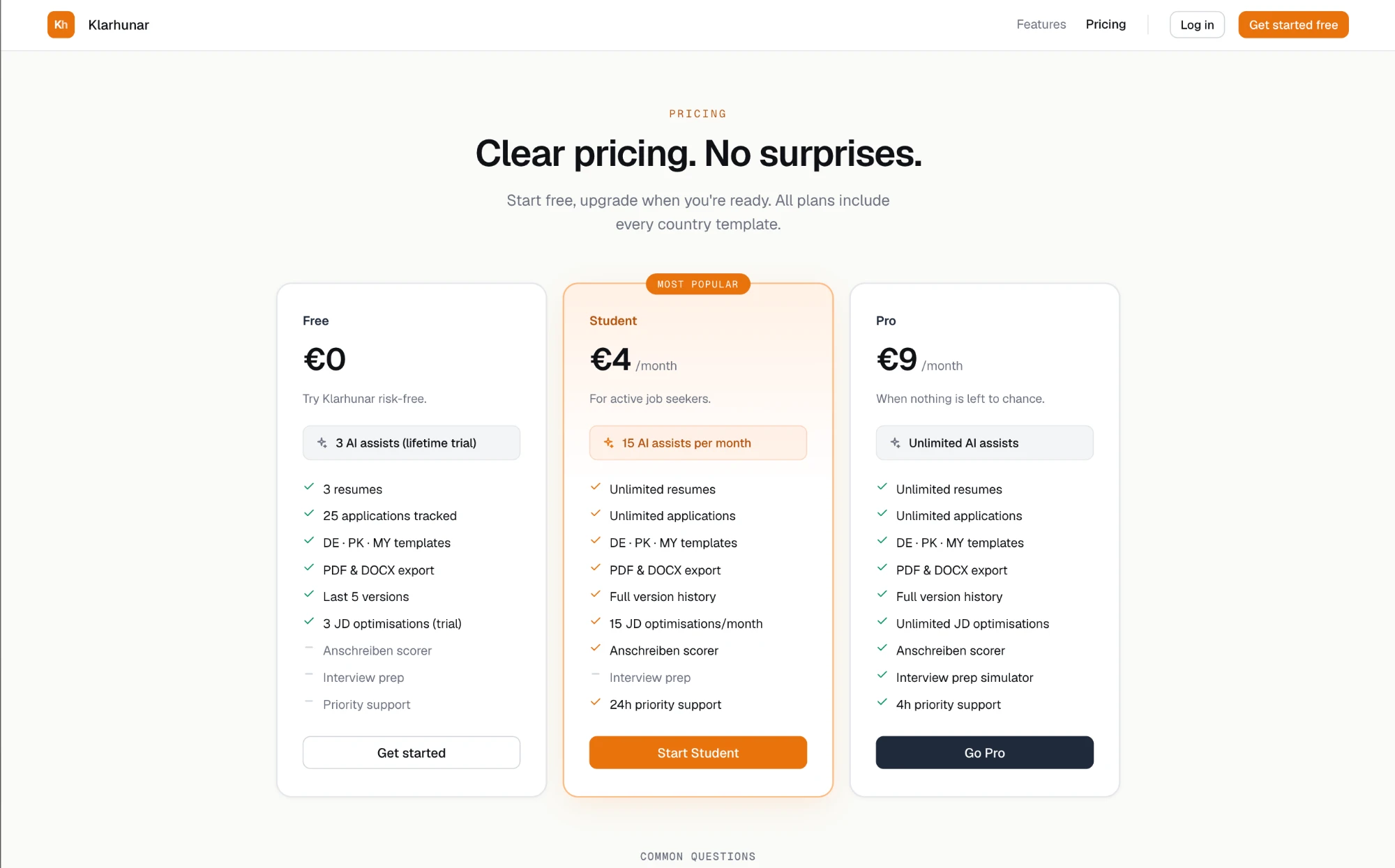 Klarhunar pricing page — Clear pricing. No surprises. Three tiers: Free, Student €4/month, Pro €9/month