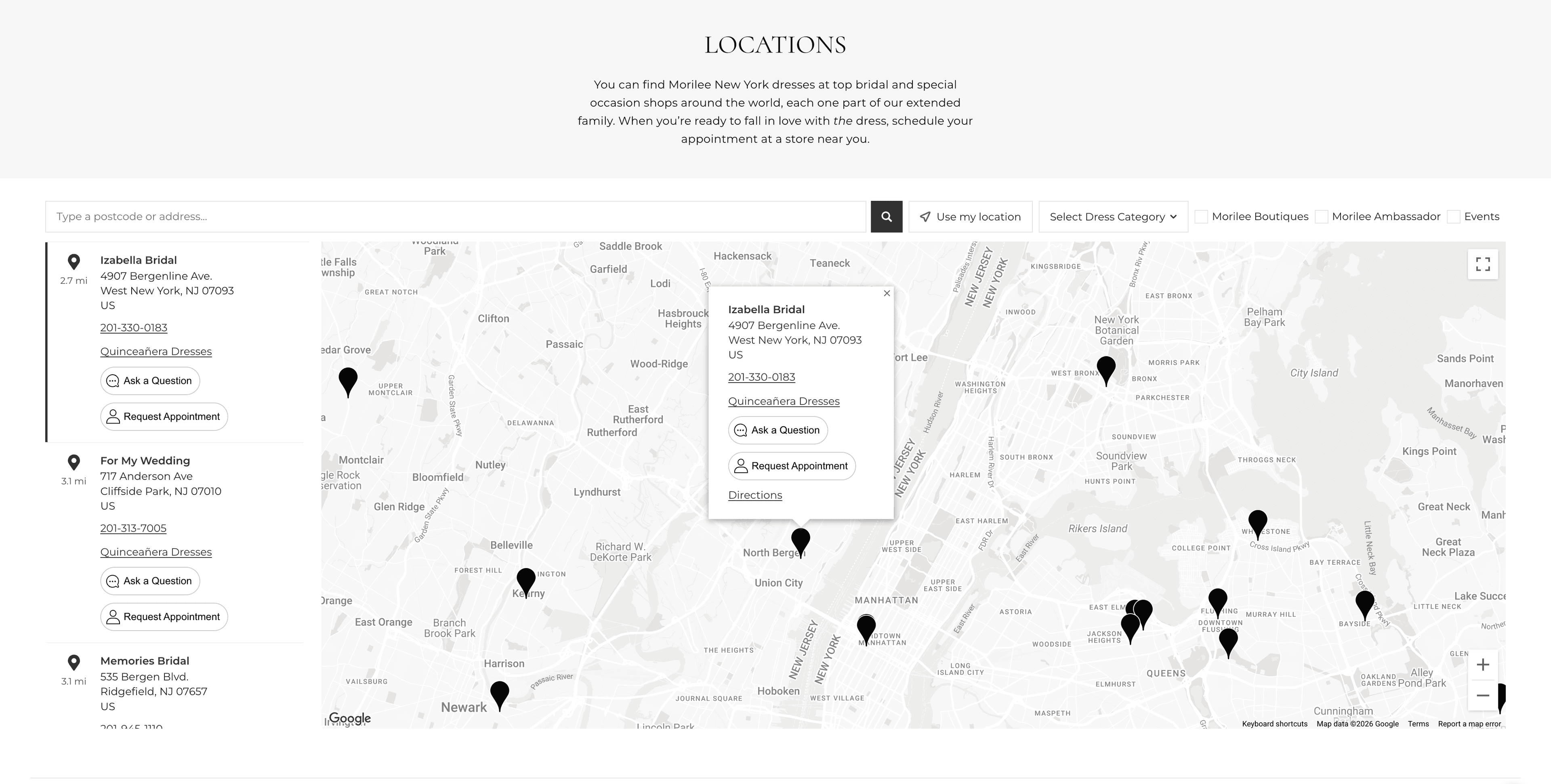 Morilee collection browsing — editorial grid with Algolia-powered faceted filtering