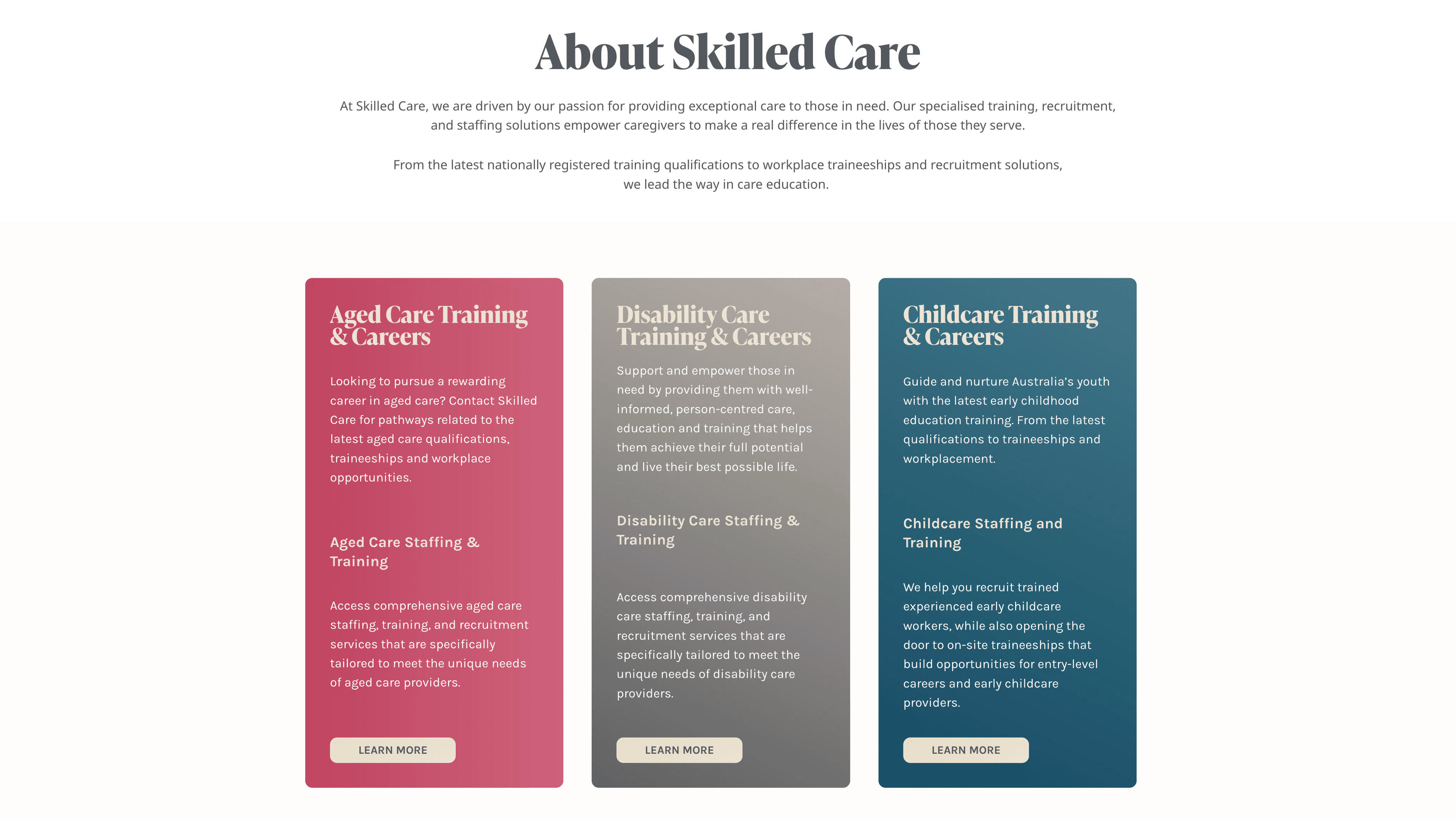 SkilledCare services overview — Aged Care, Disability Care, and Childcare Training & Careers